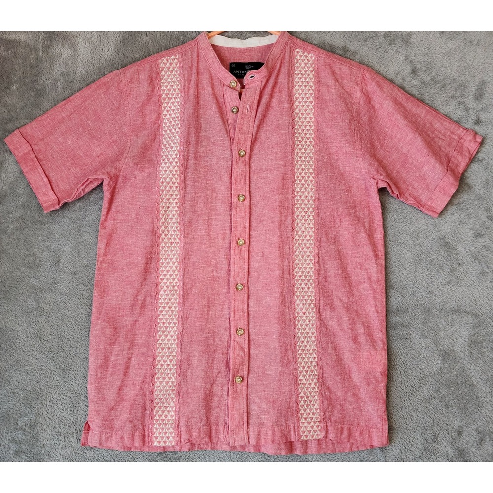 Antonio Limon Shirt Mens Small Red Linen Band Collar Embroidered Guayabera